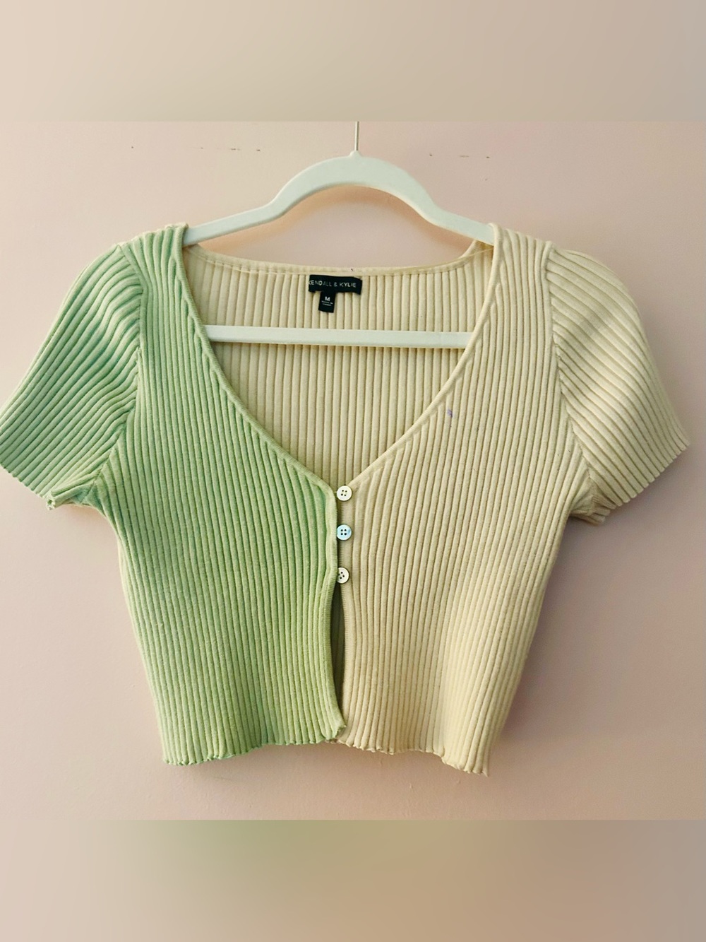 Kendall & Kylie Two-Tone Green and Cream Ribbed Crop Top
